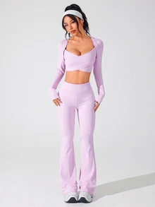 SHEIN Sovereign Charm Women Minimalist Solid Color Cropped Top And Flared Pants Sports Suit - Pink - View 5