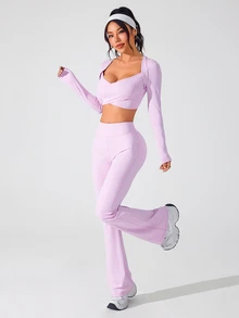 SHEIN Sovereign Charm Women Minimalist Solid Color Cropped Top And Flared Pants Sports Suit - Pink - View 3