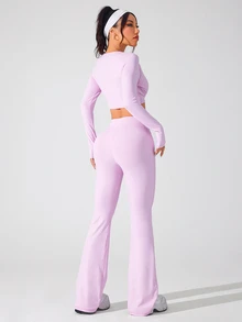 SHEIN Sovereign Charm Women Minimalist Solid Color Cropped Top And Flared Pants Sports Suit - Pink - View 2