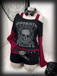 Sunspun Plus Size Off-Shoulder 2 In 1 Skull Print Long Sleeve Colorblock T-Shirt Fall - Multicolor - View 1