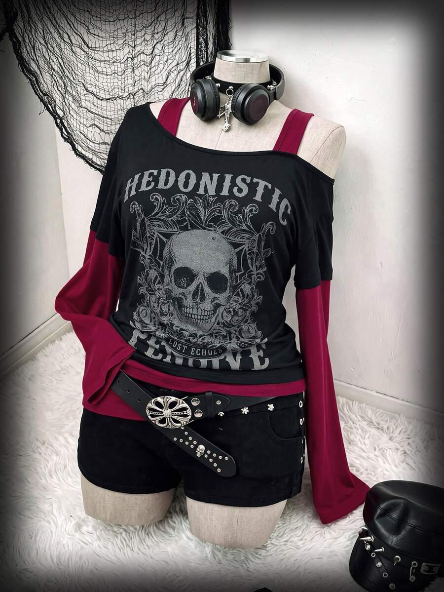 Sunspun Plus Size Off-Shoulder 2 In 1 Skull Print Long Sleeve Colorblock T-Shirt Fall - Multicolor - View 1