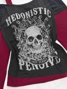 Sunspun Plus Size Off-Shoulder 2 In 1 Skull Print Long Sleeve Colorblock T-Shirt Fall - Multicolor - View 3