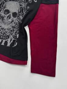 Sunspun Plus Size Off-Shoulder 2 In 1 Skull Print Long Sleeve Colorblock T-Shirt Fall - Multicolor - View 6