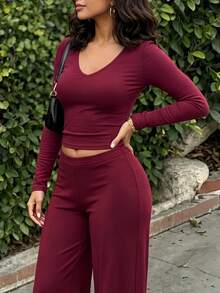 SHEIN Fashionable Elegant Casual Versatile Slim Fit U-Neck Long Sleeve Top And Straight Leg Pants 2 Pieces Set - Burgundy - View 6
