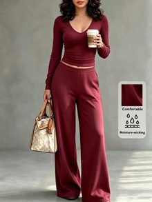 SHEIN Fashionable Elegant Casual Versatile Slim Fit U-Neck Long Sleeve Top And Straight Leg Pants 2 Pieces Set - Burgundy - View 8