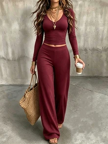 SHEIN Fashionable Elegant Casual Versatile Slim Fit U-Neck Long Sleeve Top And Straight Leg Pants 2 Pieces Set - Burgundy - View 2
