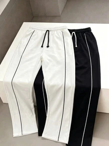 Teen Boy 2pcs Teen Boy Casual Black And White Wide-Leg Sweatpants With Contrasting Thin Trim Suitable For The Autumn/Winter Season And The Back-To-School - Black and White - View 4