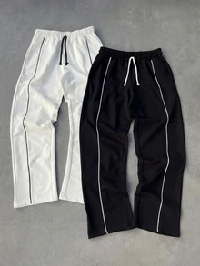 Teen Boy 2pcs Teen Boy Casual Black And White Wide-Leg Sweatpants With Contrasting Thin Trim Suitable For The Autumn/Winter Season And The Back-To-School - Black and White - View 2