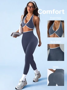 SHEIN Sovereign Charm Women's Yoga Colorblock Sports Set Gym Slate Blue Summer Modest Sporty - Grey - View 1