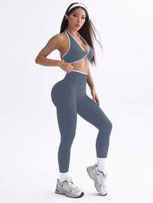 SHEIN Sovereign Charm Women's Yoga Colorblock Sports Set Gym Slate Blue Summer Modest Sporty - Grey - View 7