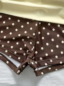 SHEIN Swim 棕色波點撞色三角掛脖上衣高腰分體式比基尼泳褲沙灘派對 - 彩色 - 查看 6