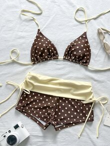 SHEIN Swim 棕色波點撞色三角掛脖上衣高腰分體式比基尼泳褲沙灘派對 - 彩色 - 查看 4