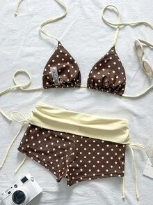 SHEIN Swim 棕色波點撞色三角掛脖上衣高腰分體式比基尼泳褲沙灘派對 - 彩色 - 查看 2