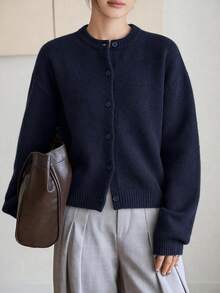 Dazy-Less Women's Round Neck Button Front Long Sleeve Solid Navy Blue Loose Short Knit Cardigan Autumn Office Minimalist Basic - Navy Blue - View 5