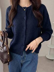 Dazy-Less Women's Round Neck Button Front Long Sleeve Solid Navy Blue Loose Short Knit Cardigan Autumn Office Minimalist Basic - Navy Blue - View 4