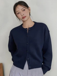 Dazy-Less Women's Round Neck Button Front Long Sleeve Solid Navy Blue Loose Short Knit Cardigan Autumn Office Minimalist Basic - Navy Blue - View 1