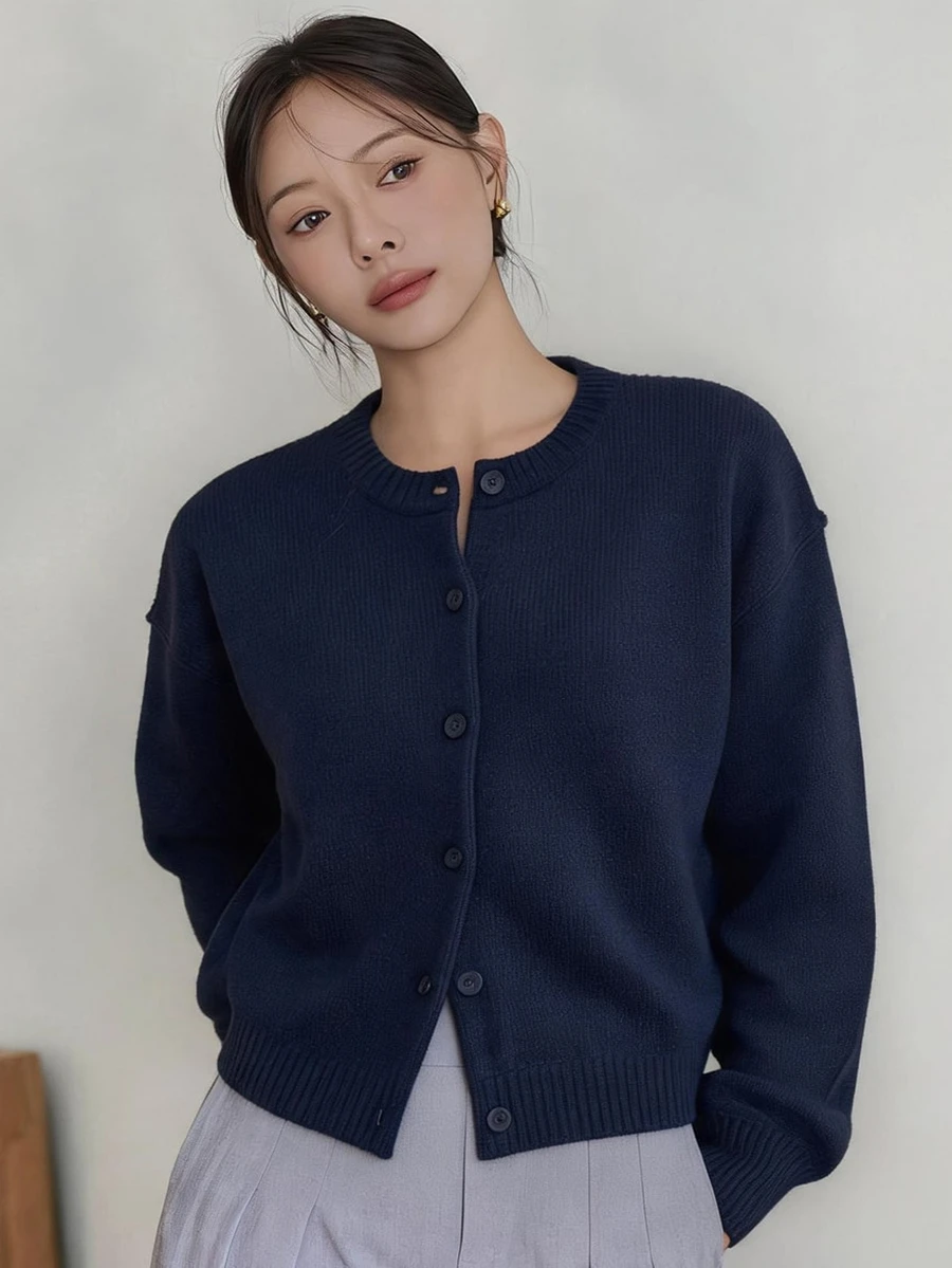 Dazy-Less Women's Round Neck Button Front Long Sleeve Solid Navy Blue Loose Short Knit Cardigan Autumn Office Minimalist Basic - Navy Blue - View 1