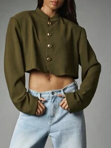 MISSGUIDED Cropped Oversized Blazer Jacket With Stand Collar And Gold Button Closure Structured Shoulders Tailored Outerwear Fall Winter - Army Green - View 4