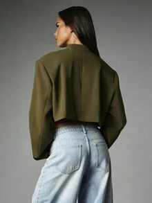 MISSGUIDED Cropped Oversized Blazer Jacket With Stand Collar And Gold Button Closure Structured Shoulders Tailored Outerwear Fall Winter - Army Green - View 2