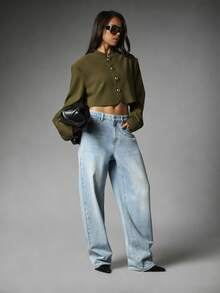 MISSGUIDED Cropped Oversized Blazer Jacket With Stand Collar And Gold Button Closure Structured Shoulders Tailored Outerwear Fall Winter - Army Green - View 3