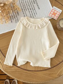 SHEIN Girls' Autumn/Winter Fashion Vintage Vertical Striped Textured Cute Ruffle Design Knitted Sweater Long Sleeve Base Layer, Suitable For Daily Wear, Outings, Travel, Vacation, Parenting And Other Occasions, Also Suitable For Autumn/Winter Season, Christmas, Back To School, Parties And Other Occasions - White - View 7