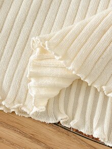 SHEIN Girls' Autumn/Winter Fashion Vintage Vertical Striped Textured Cute Ruffle Design Knitted Sweater Long Sleeve Base Layer, Suitable For Daily Wear, Outings, Travel, Vacation, Parenting And Other Occasions, Also Suitable For Autumn/Winter Season, Christmas, Back To School, Parties And Other Occasions - White - View 10