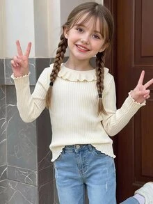 SHEIN Girls' Autumn/Winter Fashion Vintage Vertical Striped Textured Cute Ruffle Design Knitted Sweater Long Sleeve Base Layer, Suitable For Daily Wear, Outings, Travel, Vacation, Parenting And Other Occasions, Also Suitable For Autumn/Winter Season, Christmas, Back To School, Parties And Other Occasions - White - View 9