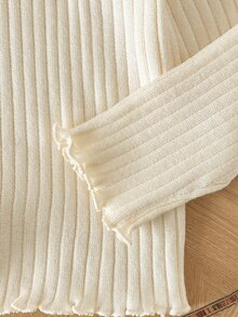 SHEIN Girls' Autumn/Winter Fashion Vintage Vertical Striped Textured Cute Ruffle Design Knitted Sweater Long Sleeve Base Layer, Suitable For Daily Wear, Outings, Travel, Vacation, Parenting And Other Occasions, Also Suitable For Autumn/Winter Season, Christmas, Back To School, Parties And Other Occasions - White - View 5