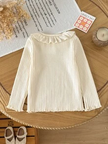 SHEIN Girls' Autumn/Winter Fashion Vintage Vertical Striped Textured Cute Ruffle Design Knitted Sweater Long Sleeve Base Layer, Suitable For Daily Wear, Outings, Travel, Vacation, Parenting And Other Occasions, Also Suitable For Autumn/Winter Season, Christmas, Back To School, Parties And Other Occasions - White - View 2