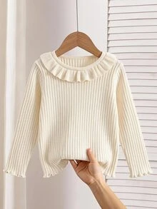 SHEIN Girls' Autumn/Winter Fashion Vintage Vertical Striped Textured Cute Ruffle Design Knitted Sweater Long Sleeve Base Layer, Suitable For Daily Wear, Outings, Travel, Vacation, Parenting And Other Occasions, Also Suitable For Autumn/Winter Season, Christmas, Back To School, Parties And Other Occasions - White - View 8