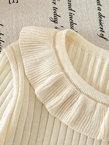 SHEIN Girls' Autumn/Winter Fashion Vintage Vertical Striped Textured Cute Ruffle Design Knitted Sweater Long Sleeve Base Layer, Suitable For Daily Wear, Outings, Travel, Vacation, Parenting And Other Occasions, Also Suitable For Autumn/Winter Season, Christmas, Back To School, Parties And Other Occasions - White - View 6