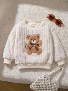SHEIN 女童純色針織仿皮草泰迪熊刺繡休閒衛衣 - 彩色 - 查看 3