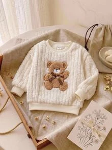 SHEIN 女童純色針織仿皮草泰迪熊刺繡休閒衛衣 - 彩色 - 查看 4
