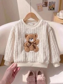 SHEIN 女童純色針織仿皮草泰迪熊刺繡休閒衛衣 - 彩色 - 查看 1