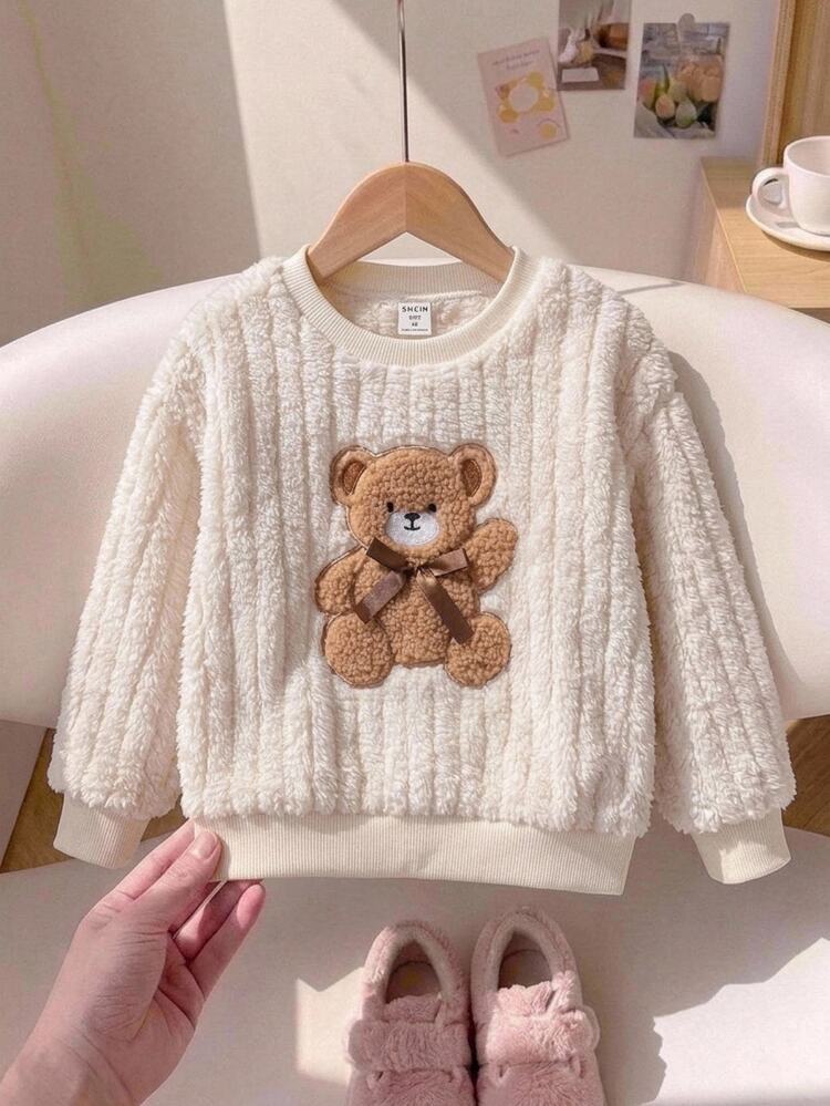 SHEIN 女童純色針織仿皮草泰迪熊刺繡休閒衛衣 - 彩色 - 查看 2