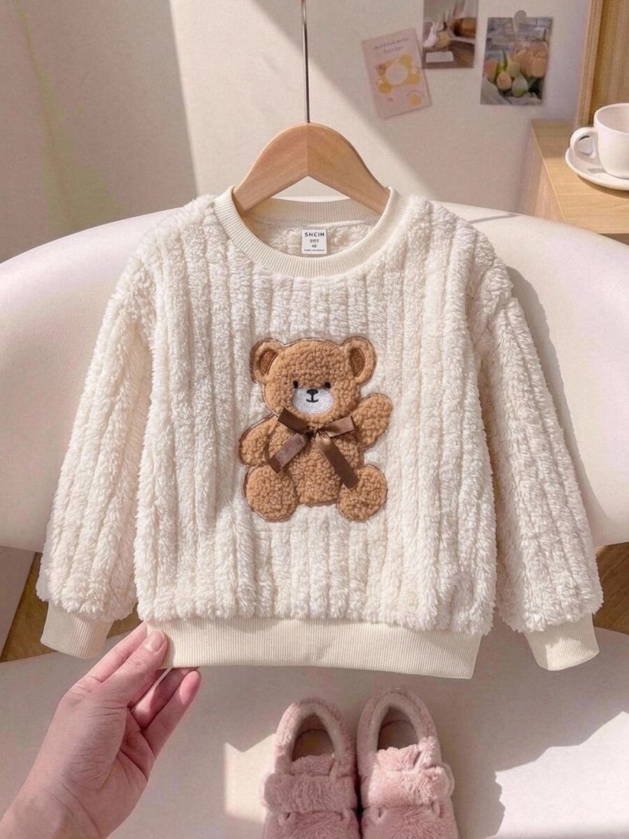 SHEIN 女童純色針織仿皮草泰迪熊刺繡休閒衛衣 - 彩色 - 查看 1