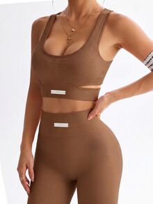 SHEIN Sovereign Charm Women's Minimalist Denim Tank Top And High-Waisted Slim Fit Leggings Sports Set - Brown - View 8