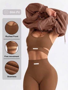 SHEIN Sovereign Charm Women's Minimalist Denim Tank Top And High-Waisted Slim Fit Leggings Sports Set - Brown - View 3
