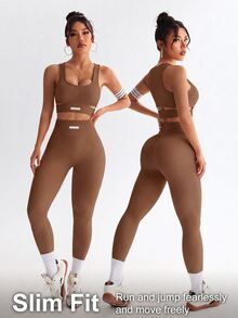 SHEIN Sovereign Charm Women's Minimalist Denim Tank Top And High-Waisted Slim Fit Leggings Sports Set - Brown - View 7