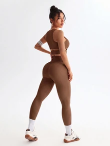 SHEIN Sovereign Charm Women's Minimalist Denim Tank Top And High-Waisted Slim Fit Leggings Sports Set - Brown - View 4