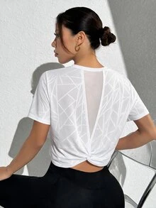 SHEIN Sovereign Charm Patchwork Casual Modest Athleisure Comfortable Sports T-Shirt Workout Gym White Summer - White - View 4