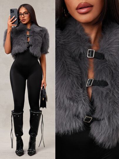 Radiana Autumn/Winter Sexy Fashion Grey Faux Fur Coat, Ultra Cropped Faux Fur Jacket, Shawl Collar Long Fur Coat