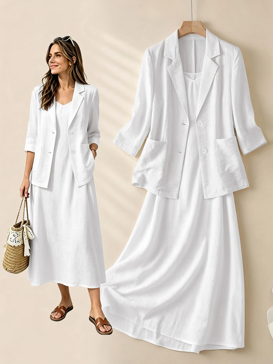 Rusticease Women's Solid Color Versatile Spaghetti Strap Dress With Button-Up Cardigan 2 Pieces Set Vacation White Fall Casual Elegant - White - View 1