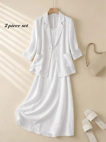 Rusticease Women's Solid Color Versatile Spaghetti Strap Dress With Button-Up Cardigan 2 Pieces Set Vacation White Fall Casual Elegant - White - View 4