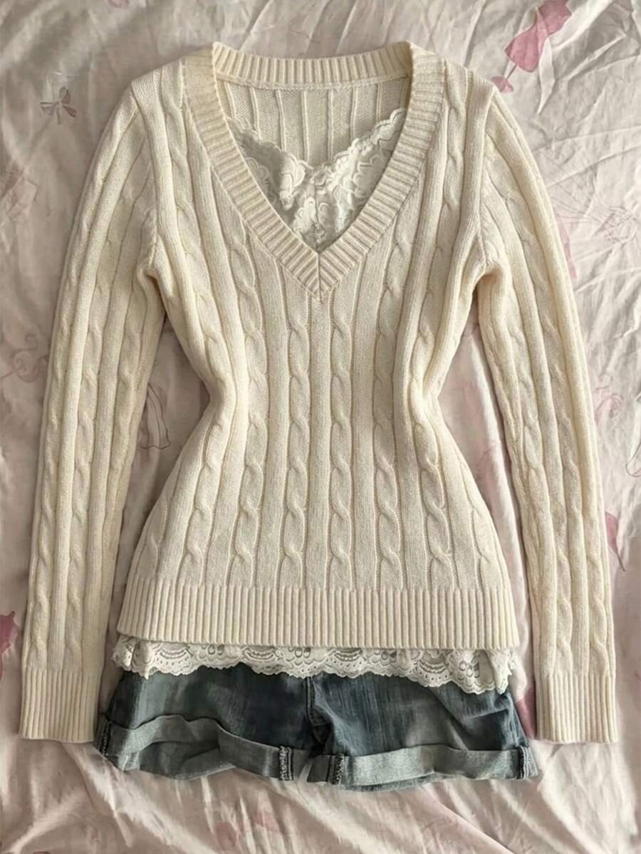 IslaSuriya Set Sweater Rajut Slimming Leher V Vintage Burgundy Sweet & Spicy untuk Perjalanan Sehari-hari, Kampus, dan Pakaian Jalanan - Krem - View 1