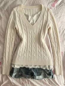 IslaSuriya Set Sweater Rajut Slimming Leher V Vintage Burgundy Sweet & Spicy untuk Perjalanan Sehari-hari, Kampus, dan Pakaian Jalanan - Krem - View 3