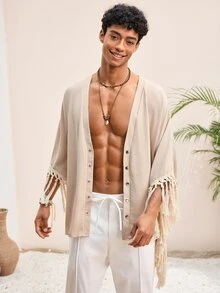 HIMLAND 男士休閒梭織V領流蘇飾邊七分袖襯衫，男士節慶度假風波西米亞海灘上衣，度假穿搭，父親節禮物 - 杏色 - 查看 6