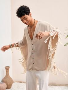 HIMLAND 男士休閒梭織V領流蘇飾邊七分袖襯衫，男士節慶度假風波西米亞海灘上衣，度假穿搭，父親節禮物 - 杏色 - 查看 3