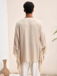HIMLAND 男士休閒梭織V領流蘇飾邊七分袖襯衫，男士節慶度假風波西米亞海灘上衣，度假穿搭，父親節禮物 - 杏色 - 查看 2