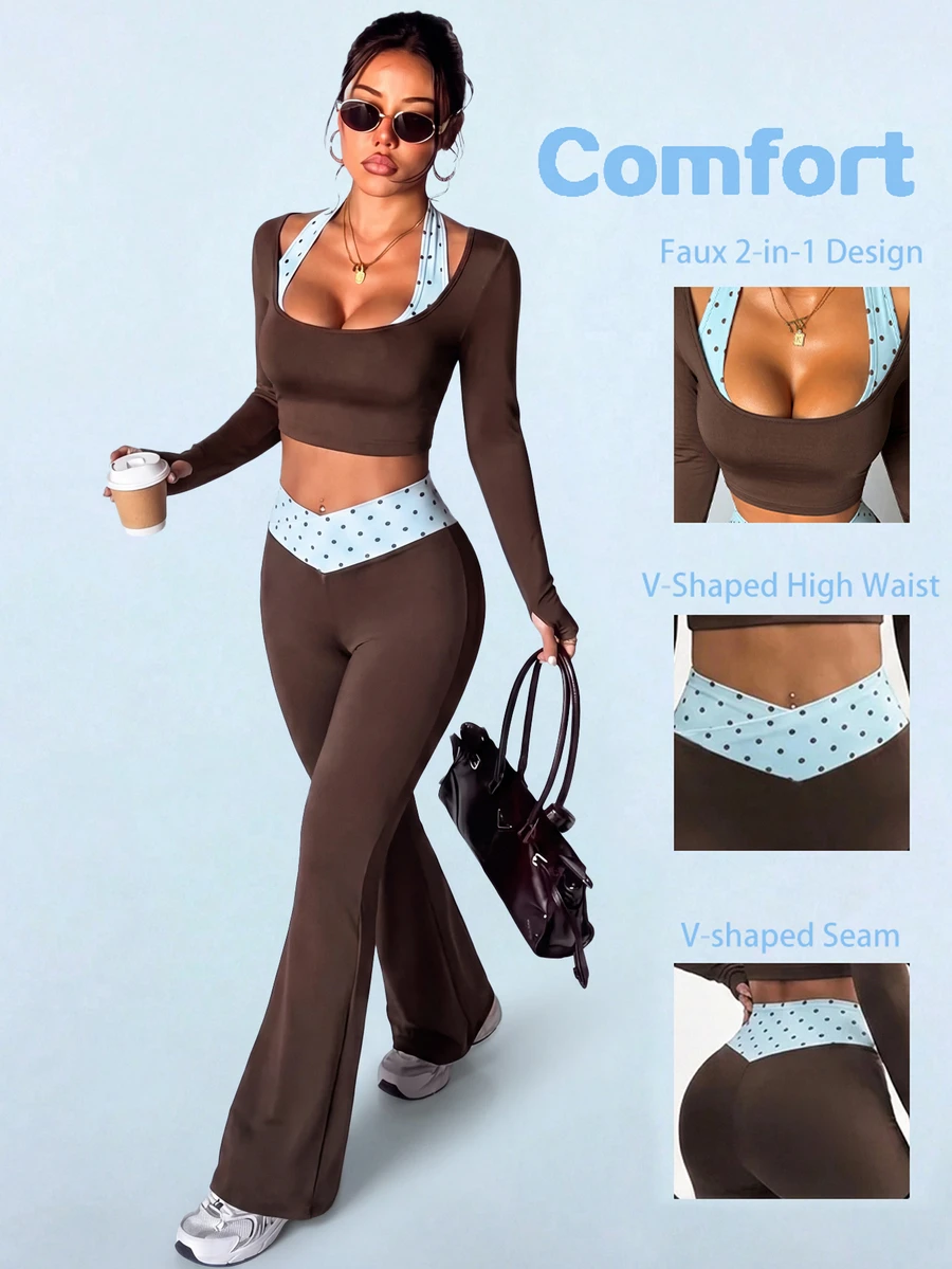 Sovereign Charm Sovereign Charm Women's Sports Yoga Outdoor Gym Workout Set, 2 In 1 Contrast Color Long Sleeve Fitted T-Shirt, Contrast Color V-Waistband Sports Leggings, Fitted Flared Pants - Multicolor - View 1